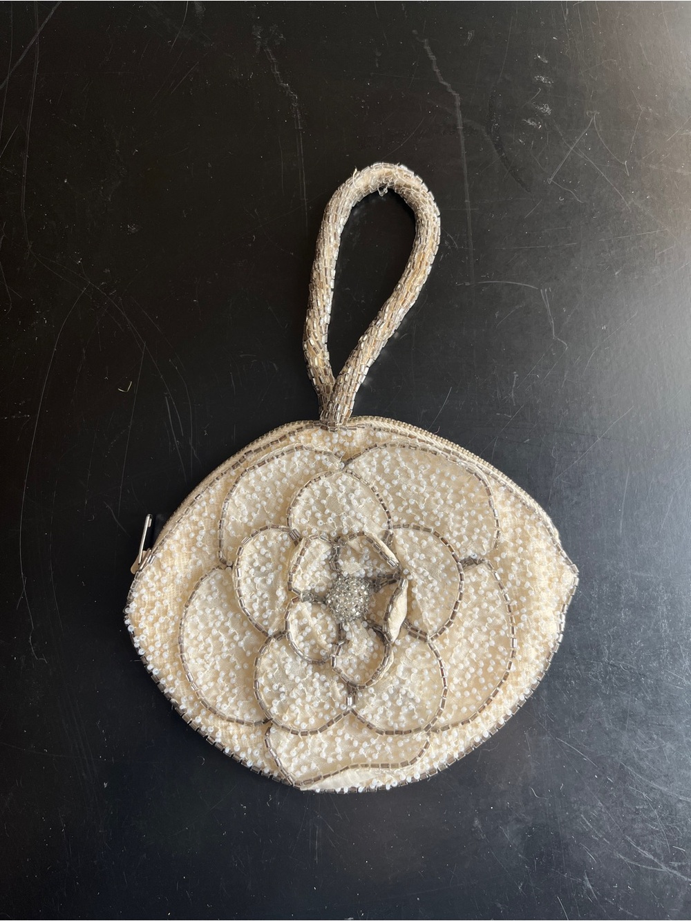 1950s Beaded Floral Wristlet Clutch in Pearl White